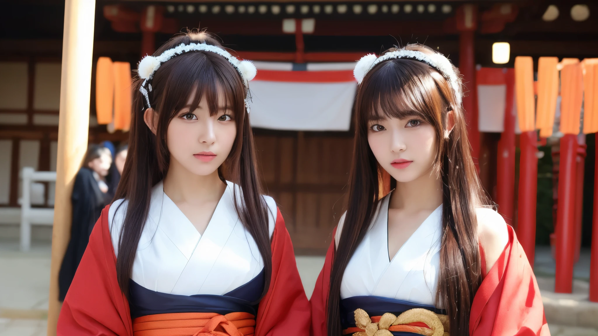 ((Realistic lighting, highest quality, 8k, masterpiece: 1.3)), Clear focus: 1.2, One girl, Perfect beauty: 1.4, Slim Abs: 1.1, ((Dark brown hair)), (Shrine maiden costume: 1.4), (Outdoor, night: 1.1), shrine, Super Fine Face, Fine Eyes, double eyelid,A natural place full of people,Red Torii Gate,