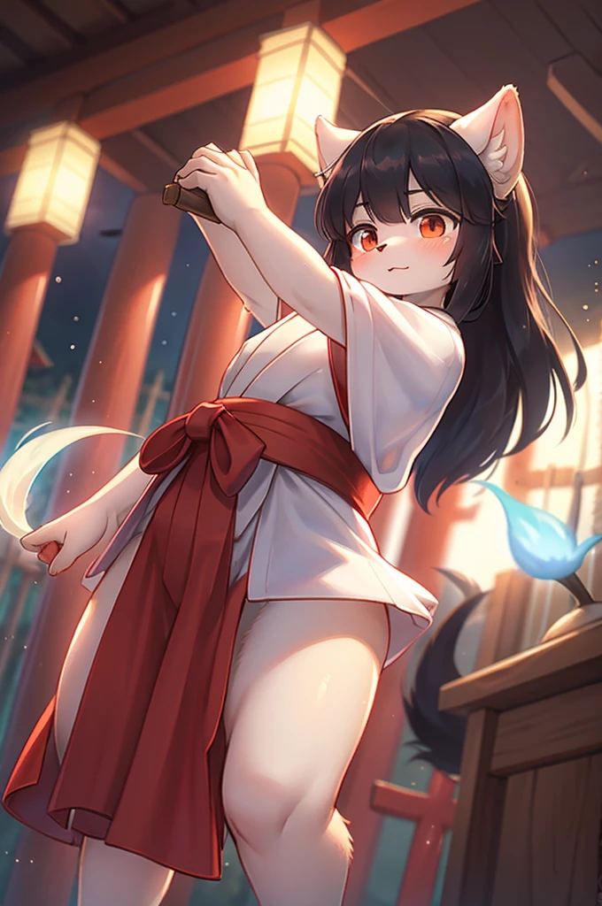 Bokeh , (blur:1.5) , dynamic angle , 1 hairy inari girl  , Short stature , realistic hairy fur , Straight black Long Hair , Round face, swollen cheeks,round eyes , neat hair ties , Japanese Shrine Maiden Clothing , dynamic Kagura dance action , in the Inari Shrine , A shrine for inviting gods and tools necessary for exorcism  , (Fly around Will-o'-the-wisp) , midnight