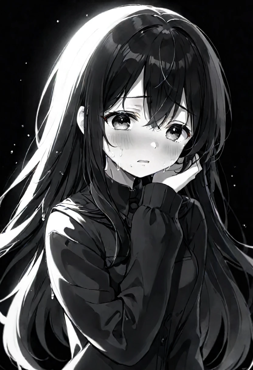 Anime girl, solo, cute, black and white, crying, long black hair, full black background