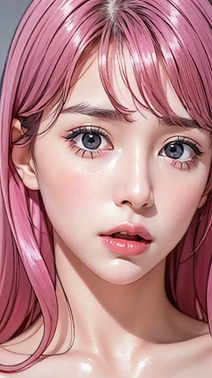 Ultra realistic, open shot, best quality, dream aesthetic (a little blurry in cinematic vibrant light), ultra-detailed, fine details, high resolution (image taken by analog camera), Perfect dynamic composition, illuminated pale skin, perfect shading, beautiful (realistic) detailed clear eyes, naked, pantyhose, pale-pink hair, long messy (silky) hair (pale pink), hair fringe, natural big breasts (nude), Natural Color Lip, face with pleasure and fatigue expression, open mouth, Random and sensual poses, bedroom (background unfocused)、20 year old、dream atmosphere 
