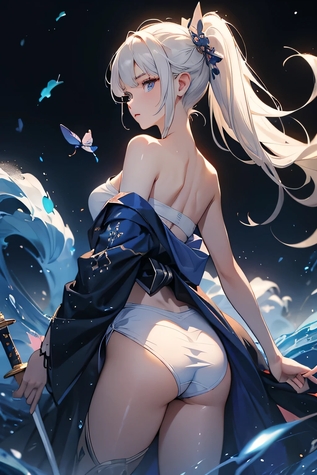 (masterpiece, best quality, dutch angle)(1girl, solo)(white hair,Lapis Lazuli Eyes,Straight long hair)(sarashi,japanese clothes,one shoulder、Wear one kimono:1.4、Black long kimono、One shoulder exposed、Butt Exposure、Legs wrapped in tights、)(Serious expression, Woman holding a sword:1.3、floating hair)(Japan Mansion、Mystical Night、Particles of light float around the woman、Fantastic atmosphere)from behind
