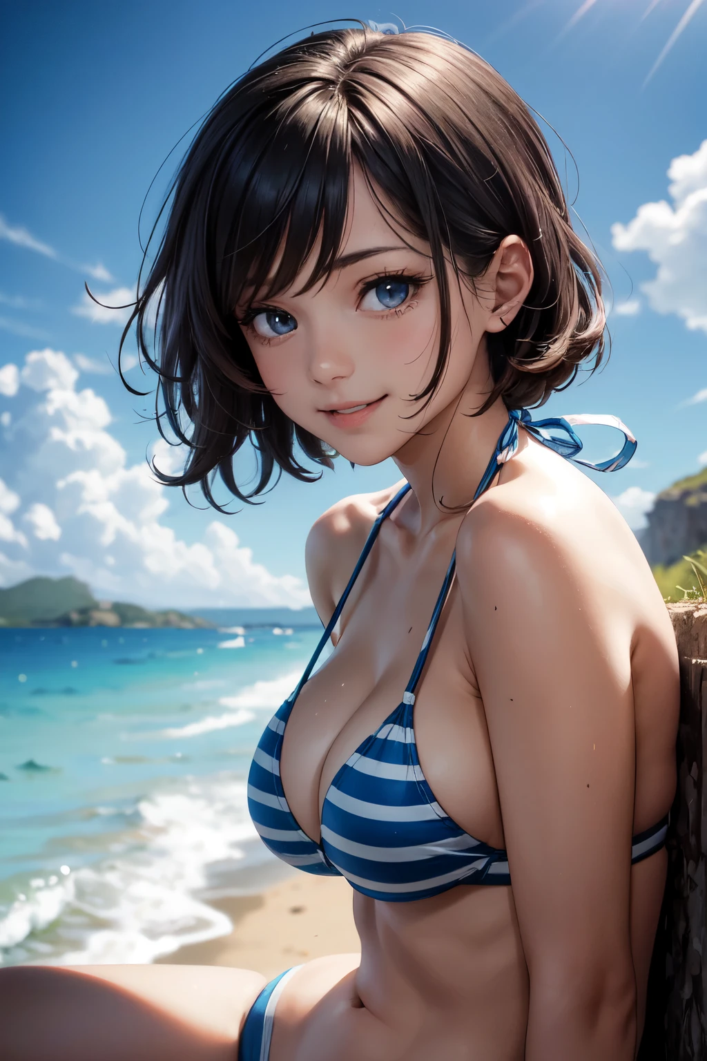 very cute and beautiful girl,(highly detailed beautiful face and eyes),blue and white striped bikini,
sitting,looking at viewer,beach,distant rugged cliffs,(smile:1.2),black hair,
(best quality,masterpiece),absurdres,highres,ultra-detailed,extremely detailed,32k,
cinematic scene,detailed background,solo,dynamic angle,
hair fluttering in the wind,beautiful detailed sky,