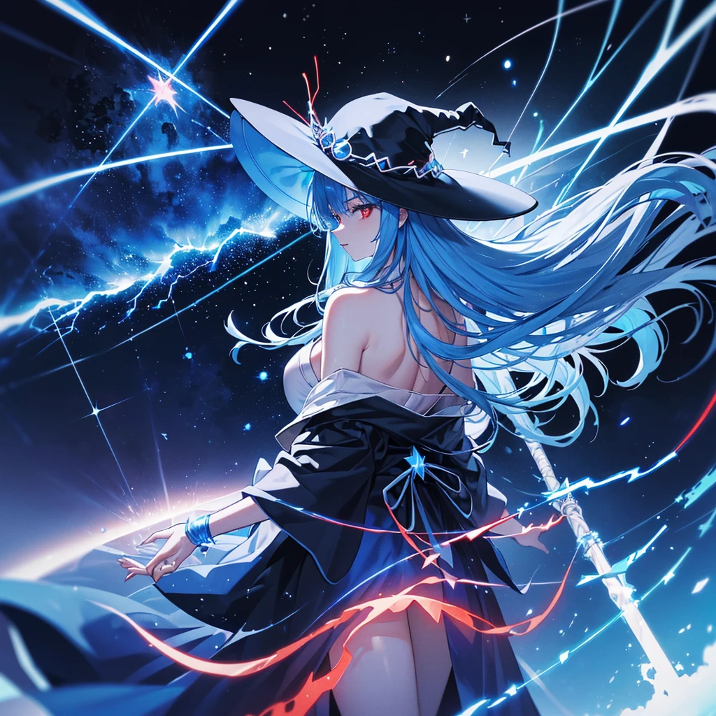 ((Blue Hair magic circle Witch Hat Red eyes Turn your back)) ((thunder Blitz thunderの杖 starのペンダント electricity lightning)) (Magic Robe shine star Streaks of Light Black Hole) moon 彗star incantation Runes cool