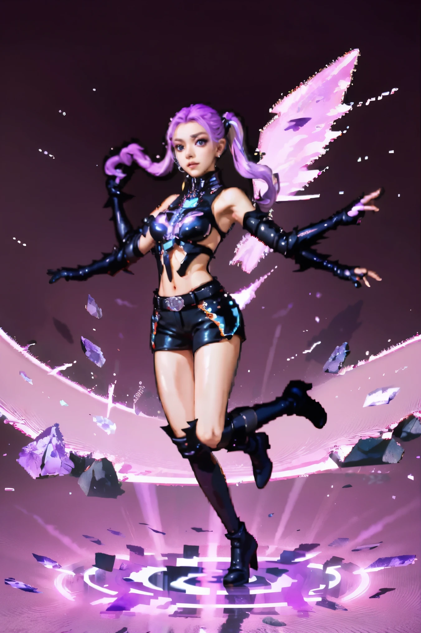 ,Best Quality, Ultra High Resolution, Cute, (KPOP Idol), (Long Twintail), (Light Purple Hair:1), ((Big Eyes)), Looking at you, BREAK ((upper body:1.3)), Front View,A character with long, flowing silver hair and a slender build, wearing a black and white outfit that includes thigh-high boots and gloves. The character is in a dynamic pose surrounded by ethereal purple crystals and energy, The character is in a dynamic pose surrounded by ethereal purple crystals and energy,A character with long, flowing purple hair, wearing a metallic top and black shorts with thigh-high boots. The outfit includes straps and belts, giving it a futuristic or fantasy style. The character is in a dynamic pose with radiant light or energy surrounding them, set against a minimalistic abstract background,