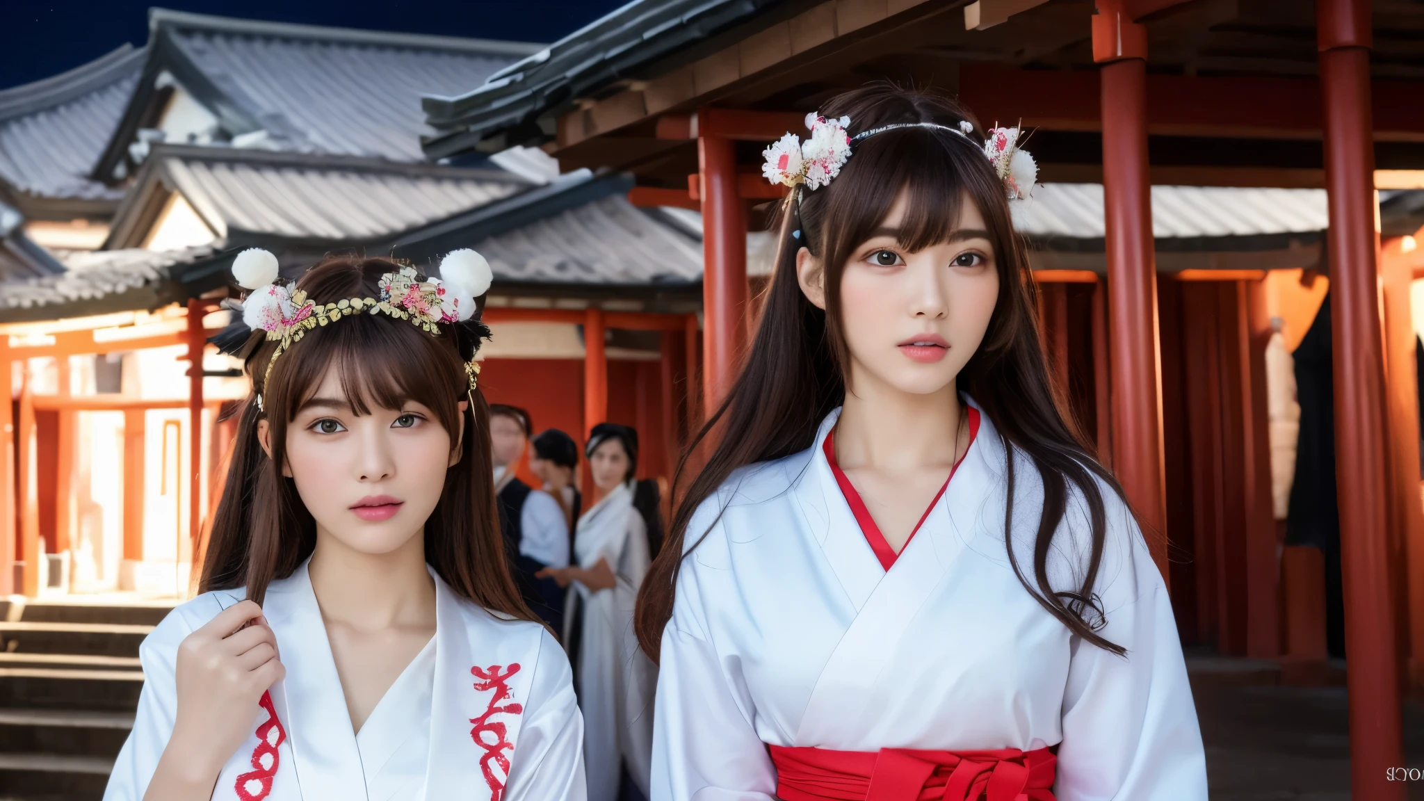 ((Realistic lighting, highest quality, 8k, masterpiece: 1.3)), Clear focus: 1.2, One girl, Perfect beauty: 1.4, Slim Abs: 1.1, ((Dark brown hair)), (Shrine maiden costume: 1.4), (Outdoor, night: 1.1), A gorgeous shrine, Super Fine Face, Fine Eyes, double eyelid,A natural place full of people,Red Torii Gate,