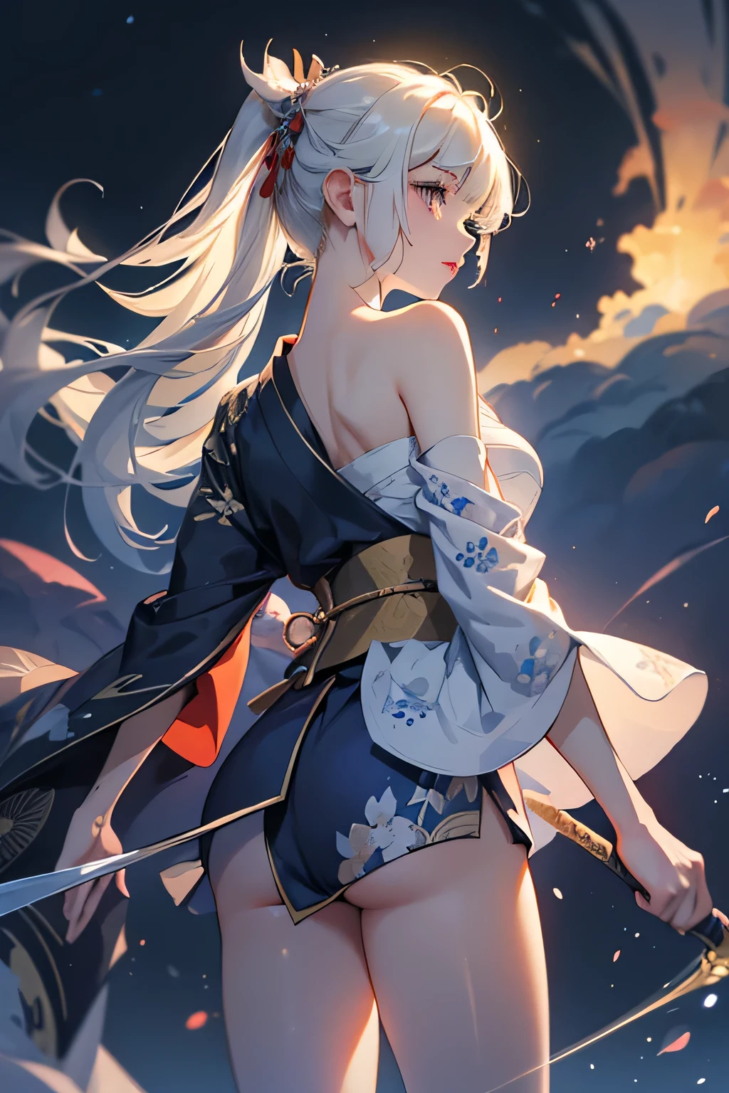 (masterpiece, best quality, dutch angle)(1girl, solo)(white hair,Lapis Lazuli Eyes,Straight long hair)(sarashi,japanese clothes,one shoulder、Wear one kimono:1.4、Black long kimono、One shoulder exposed、Butt Exposure、Legs wrapped in tights、)(Serious expression, Woman holding a sword:1.3、floating hair)(Japan Mansion、Mystical Night、Particles of light float around the woman、Fantastic atmosphere)from behind
