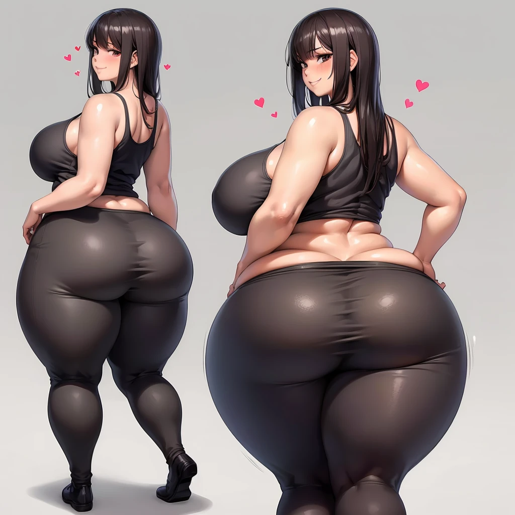 A beautiful young woman in yoga pants and tank tops, hyper massive fat tall wide round heavy heart shaped bubble butt, very wide fat hips, massive fat round long very heavy breasts, deep long cleavage, from slightly behind, looking back, smiling, blushing, sexy pose, showing off her massive heavy fat round ass,