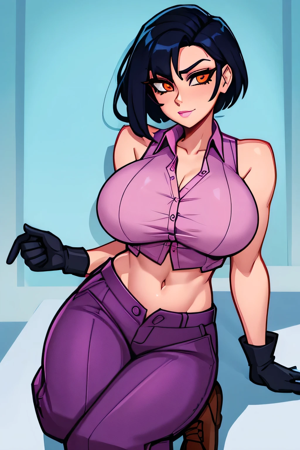 A beautiful woman, beautiful, good, big , short dark blue hair, orange eye, pink lip, wearing a purple sleeveless button-down top, showing her navel, and light gray pants, brown shoes, black gloves.