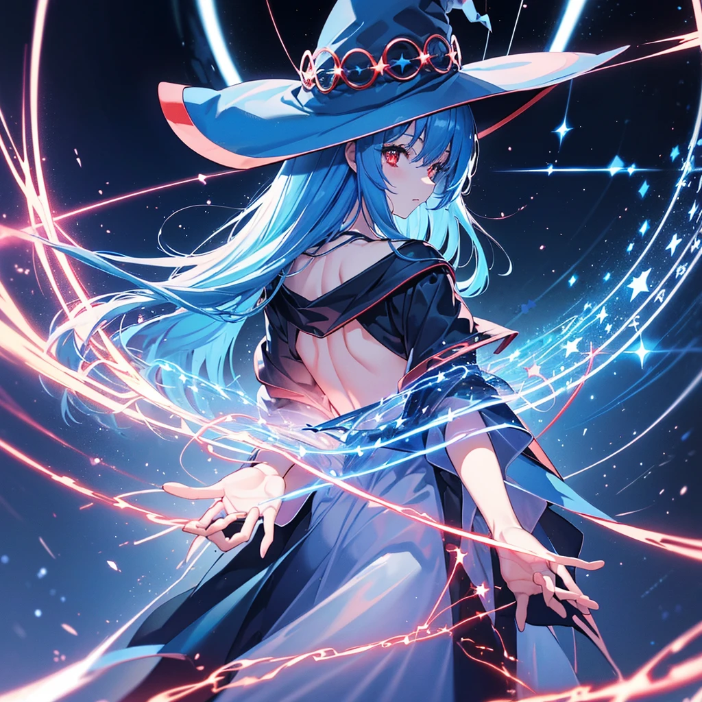((Blue Hair magic circle Witch Hat Red eyes Turn your back)) ((thunder Blitz thunderの杖 starのペンダント electricity lightning)) (Magic Robe shine star Streaks of Light Black Hole) moon 彗star incantation Runes cool