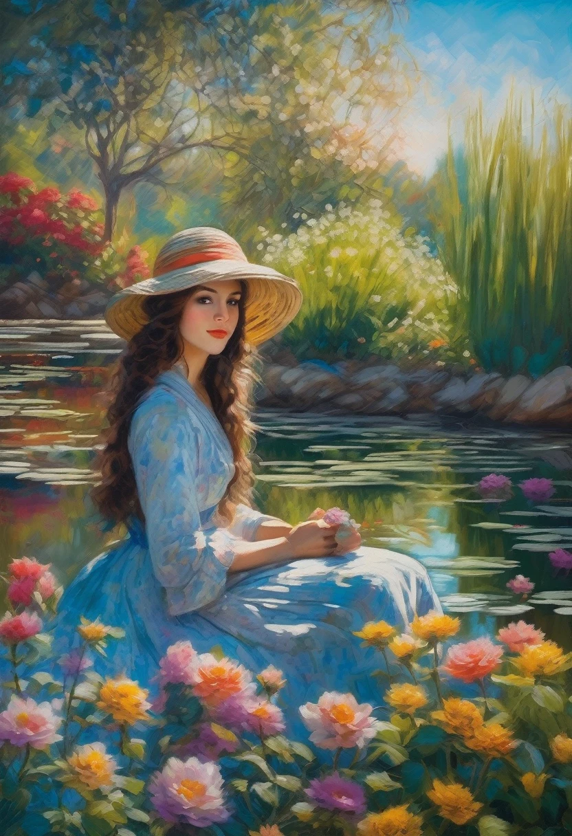 Claude Monet Style, A peaceful garden scene in the style of Claude Monet, with vibrant colors and soft brushstrokes. It features a beautiful girl sitting on a bench surrounded by blooming flowers and lush greenery. Her face, detailed and delicately painted, showcases her serene expression and sparkling eyes. The sunlight filters through the foliage, creating a dappled effect on the ground. The garden is filled with various kinds of flowers, including roses, lilies, and sunflowers, each painted with intricate details that highlight their texture and natural beauty. In the distance, a pond can be seen, reflecting the vibrant colors of the garden and the clear blue sky above. The water lilies on the pond are painted with meticulous attention to detail, capturing their delicate petals and the ripples they create on the water's surface. The overall image is of the highest quality, with ultra-detailed brushwork and sharp focus, providing a masterpiece that truly captures the essence of Claude Monet's signature style.