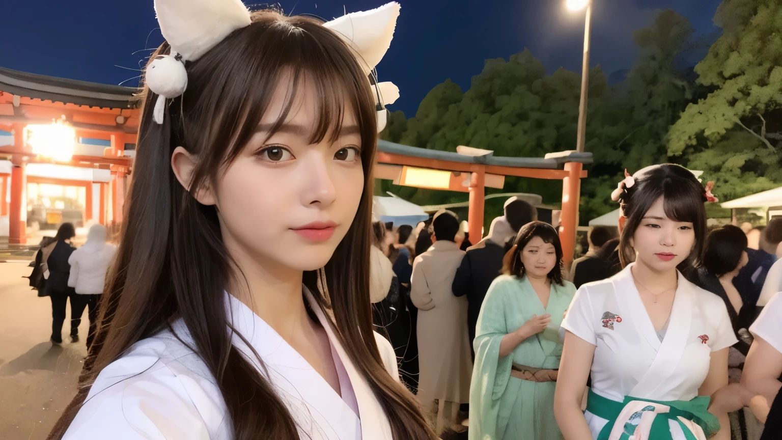 ((Realistic lighting, highest quality, 8k, masterpiece: 1.3)), Clear focus: 1.2, One girl, Perfect beauty: 1.4, Slim Abs: 1.1, ((Dark brown hair)), (Shrine maiden costume: 1.4), (Outdoor, night: 1.1), A gorgeous shrine, Super Fine Face, Fine Eyes, double eyelid,A natural place full of people,Red Torii Gate,