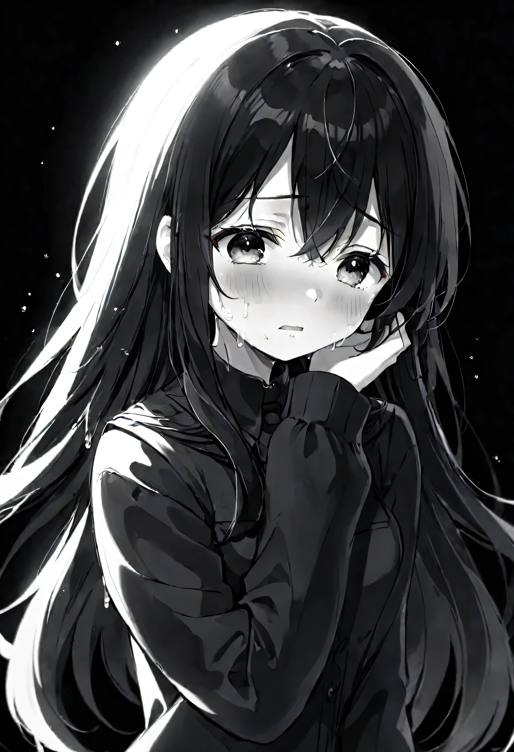 Anime girl, solo, cute, black and white, crying, long black hair, full black background