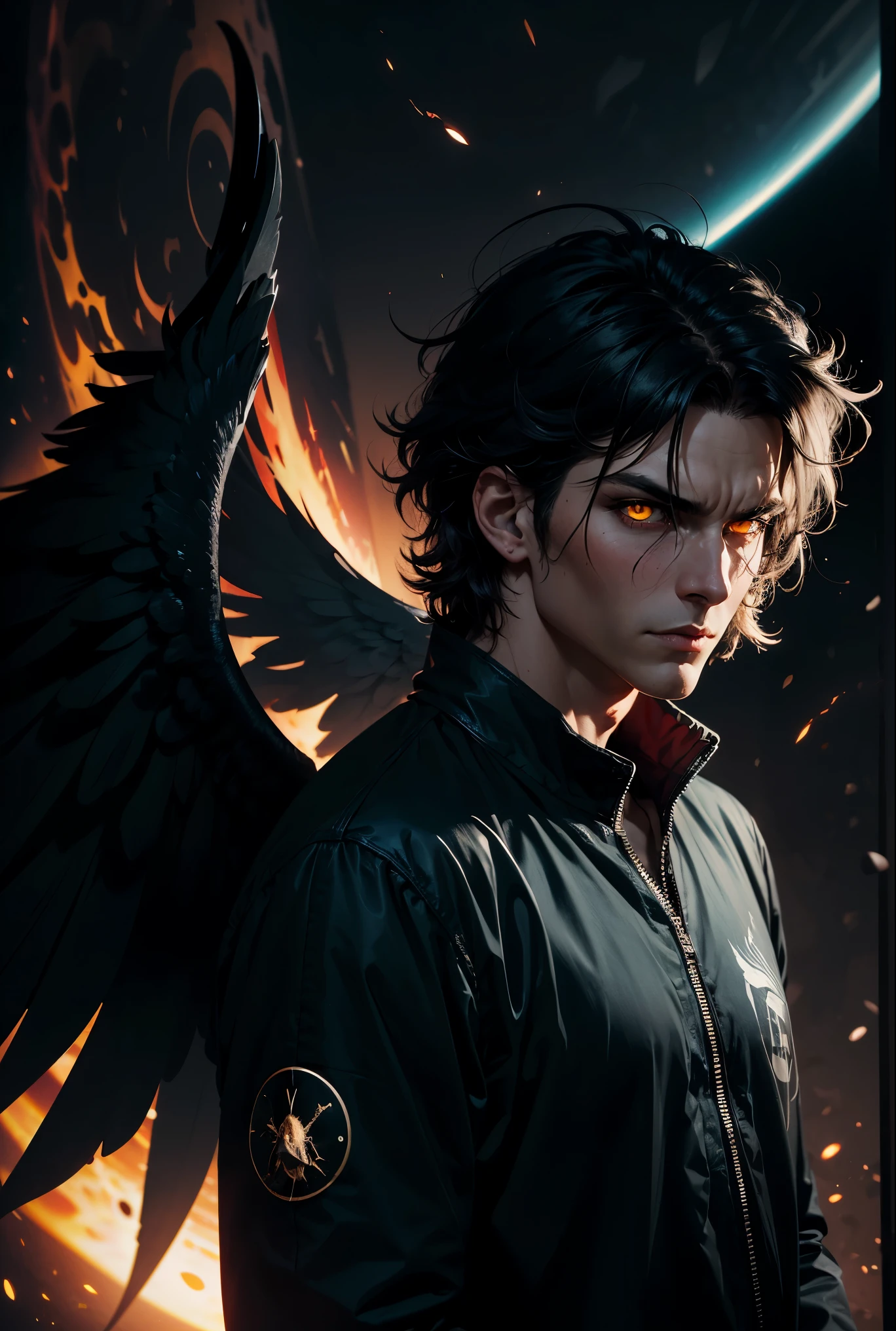 Man with messy hair, black and blue in color, wearing casual clothes, with yellow eyes, holding a black hole, black hole aura, evil look, evil wings, angel wings