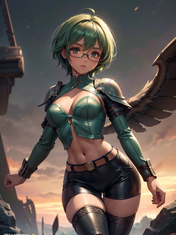 8K UHD, Digital SLR, Soft lighting, High quality, ((best quality)) ((best quality)), ((masterpiece)), (detailed), 4k image, anime style, fair caramel brown skin, beautiful age anime girl, emerald woody eyes. sleek emerald green hair, tight-fit black leather pants, white shirt, form-fitting light green colored leather battle armor, fair caramel brown skin, symmetrical face, plump lips, thin circular frame transparent nerdy glasses, African looks, small breasts, toned thin slender body, small narrow waist, short height, waist length pixie cut hair, hips, phoenix eyes, small nose, European style , white color sheer hold up stockings, low-top boots, fair caramel brown skin