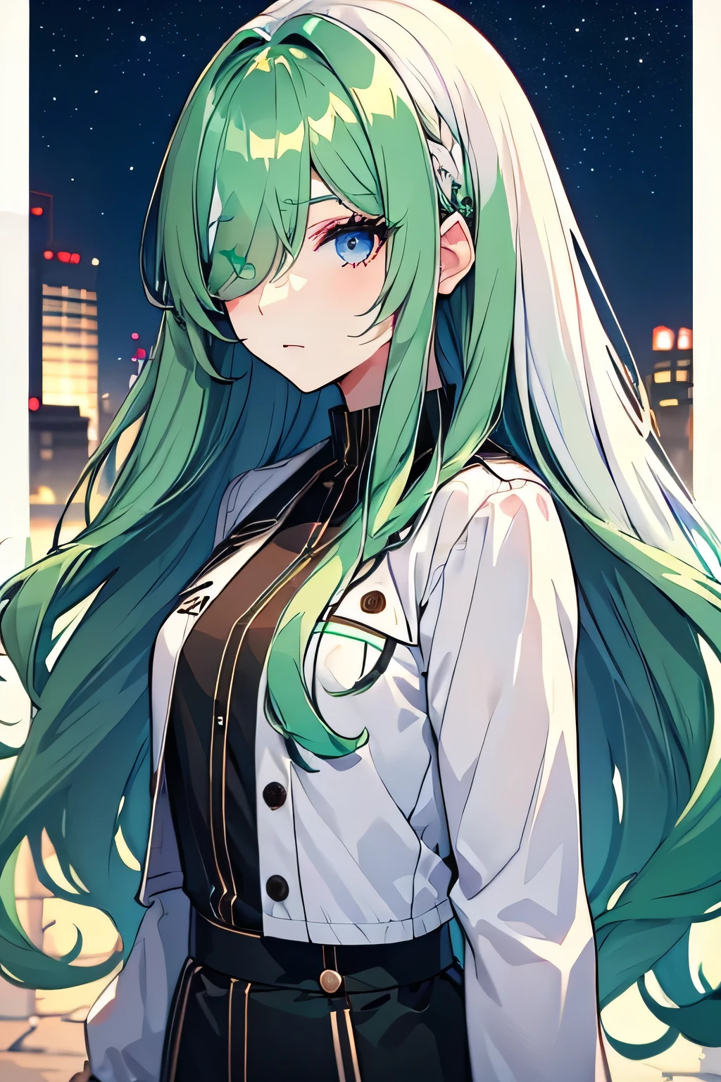 hair over one eye, White and green hair color、Casual girl、Hair on one eye、One Girl、Brown trench coat、Blue Eyes、Night view、Starry Sky(split-color hair, white hair, green hair:1.3