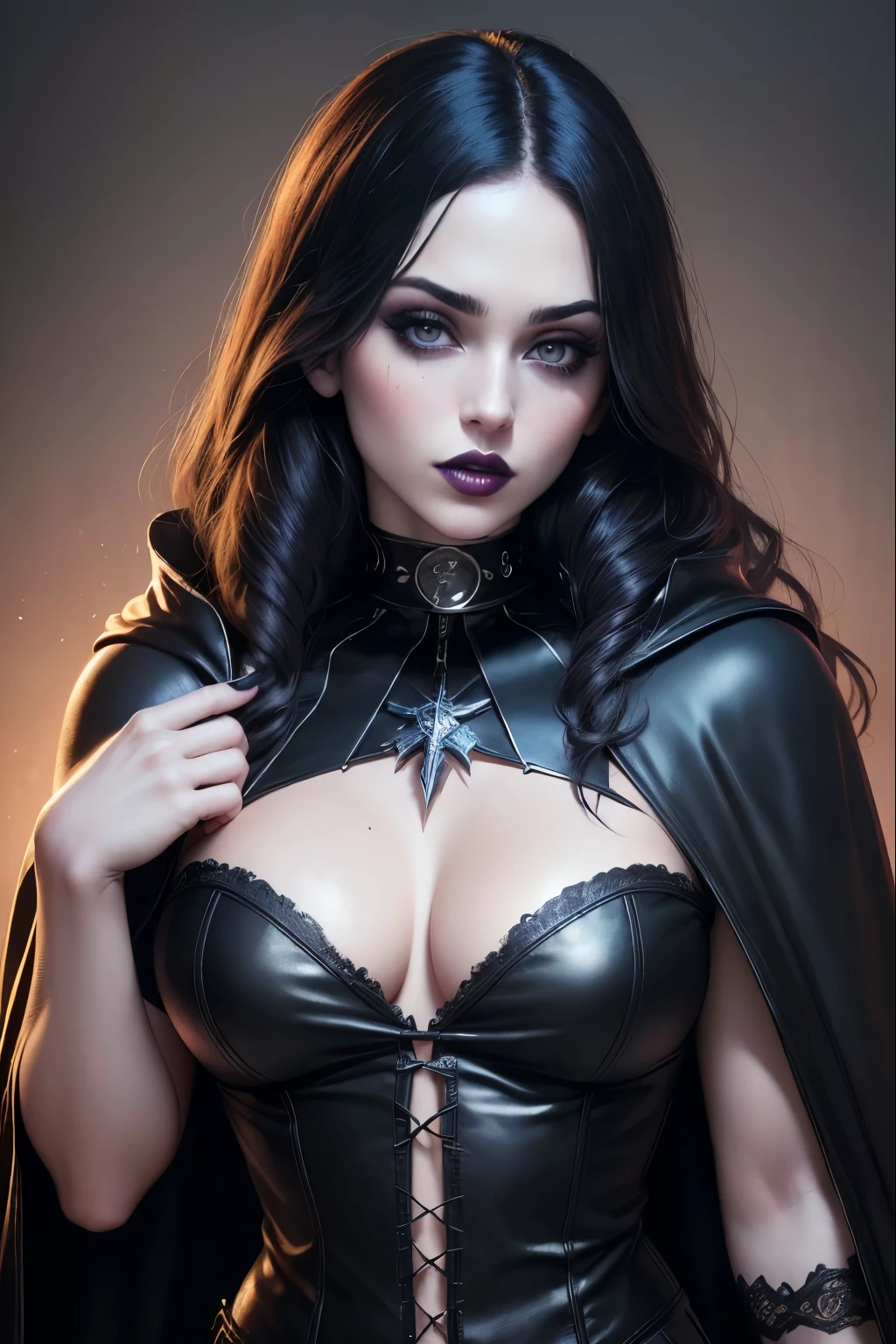 (Best Quality, 8k, 32k, Masterpiece, UHD:1.3), (Photo of Attractive Caucasian Gothic model Woman), 1 Girl, Raven from DC comics , DC comics, heavy makeup , cape, choker,very pale skin,Ultra Detailed Face, Detailed Lips, Fine Eyes, black lipstick, Fine Eyes, double eyelids