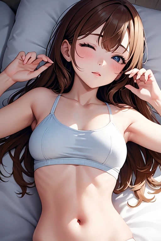 1lady,solo,cute,perfect face,under wear,close left eye and open right eye,sleeping,in bedroom,brown haired,Wave Perm,
