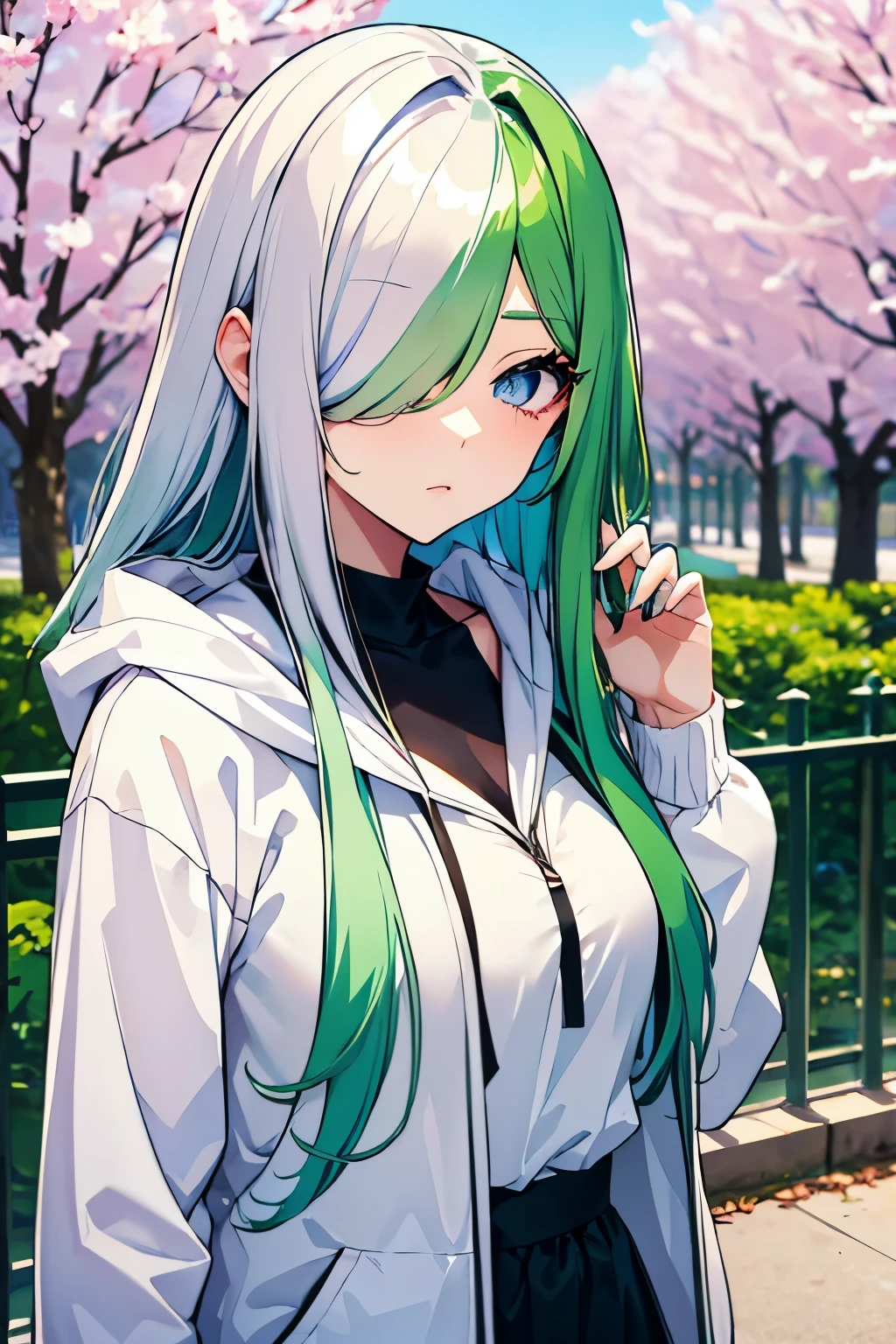 hair over one eye, White and green hair color、Casual girl、Hair on one eye、One Girl、White hoodie、Blue Eyes、cherry blossoms、(split-color hair, white hair, green hair:1.3