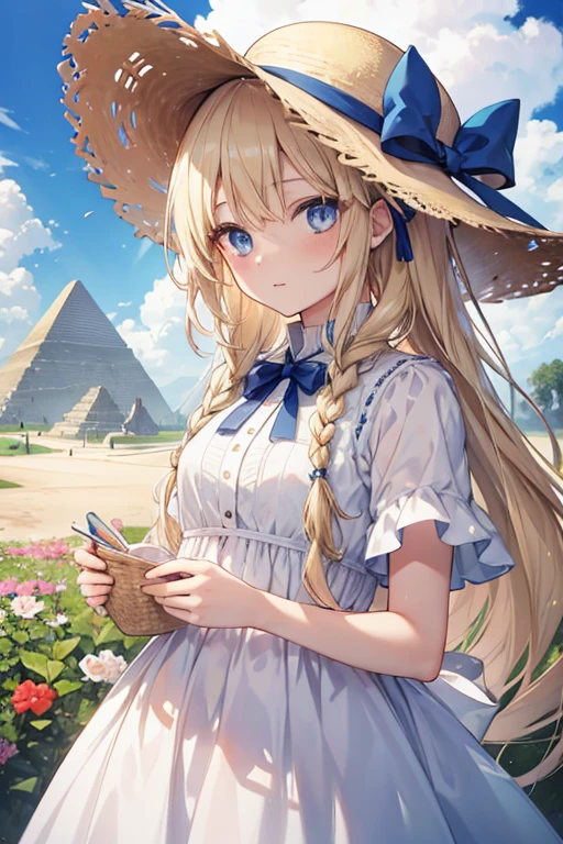 masterpiece, highest quality, High resolution, 1 7-year-old girl、blue eyes、
blonde、Braid、White Dress、Straw hat、Egypt、In front of the pyramid