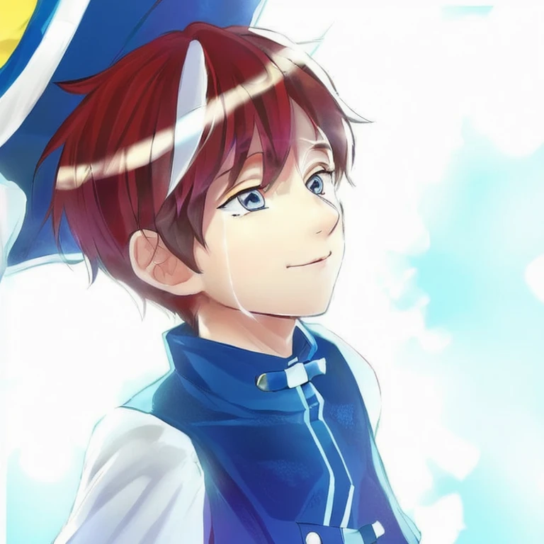 Handsome boy with red hair and blue vest and hat looking to the side, handsome boy,