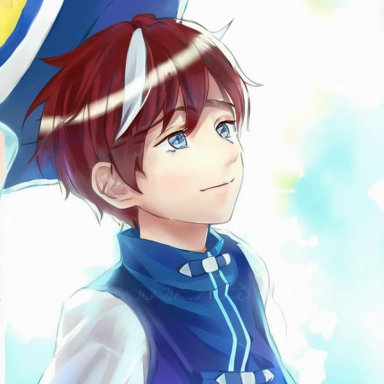 Handsome boy with red hair and blue vest and hat looking to the side, handsome boy,