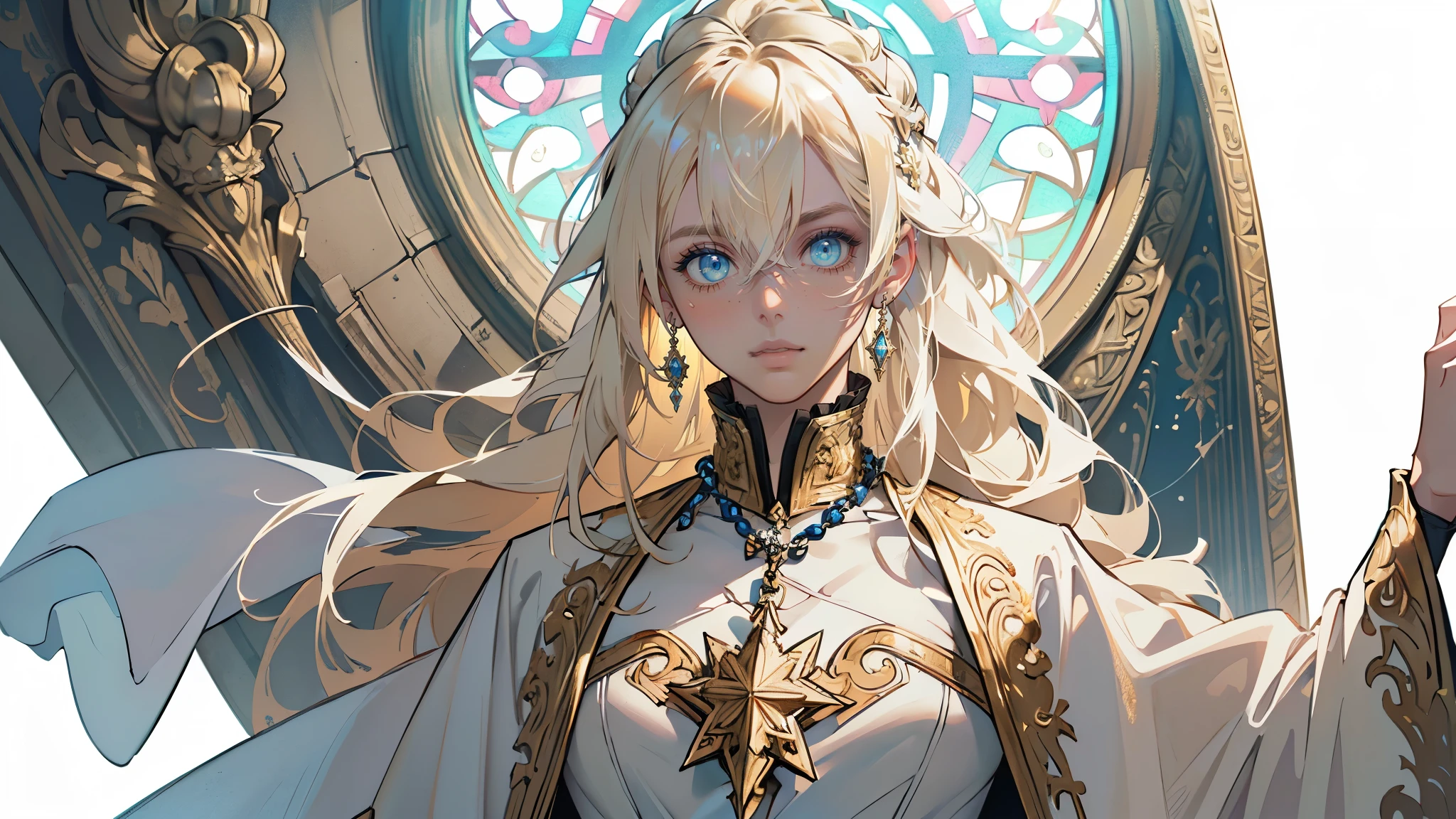 (A luxurious white vestment with intricately detailed gold embroidery）Incorruptible and white,Pure and pitiful,offer a prayer,rosary, Stained glass praising ,Beautiful woman , extremely long hair , blonde hair , green eyes , 32,
mini skirt,

(masterpiece:1.3), (best quality:1.3), high-resolution, watercolor pencil, Head-on angle, upper body, Body facing forward, (upright:1.3), (arms at sides:1.3), solo, blue eyes, beautiful detailed eyes, Futuristic clothing, mechanical suit, (white background:1.2), simple background, concept art, shadowlighting,

(masterpiece, best quality:1.3),beautiful detailed glow,best illuminate,(((best quality,textile shading,ultra detailed))),extremely detailed CG unity 8k wallpaper,Highly Detailed beautiful and aesthetic,best light,high resolution,detailed,dynamic lighting , 1Character ,  pastel washed out colors , cell shade , soft, muted shades ,gentle colors ,