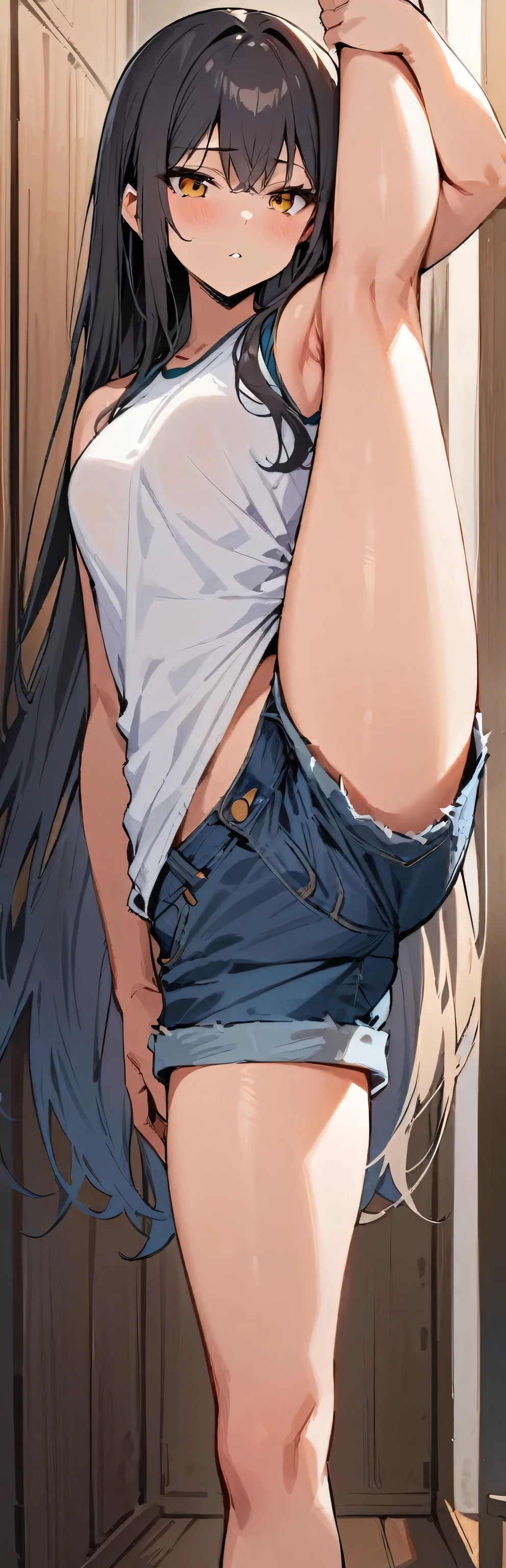 (masterpiece, highest quality:1.2), One girl, alone,Are standing_Split,
Long Hair, White sleeveless tank top,Blue Denim Shorts
