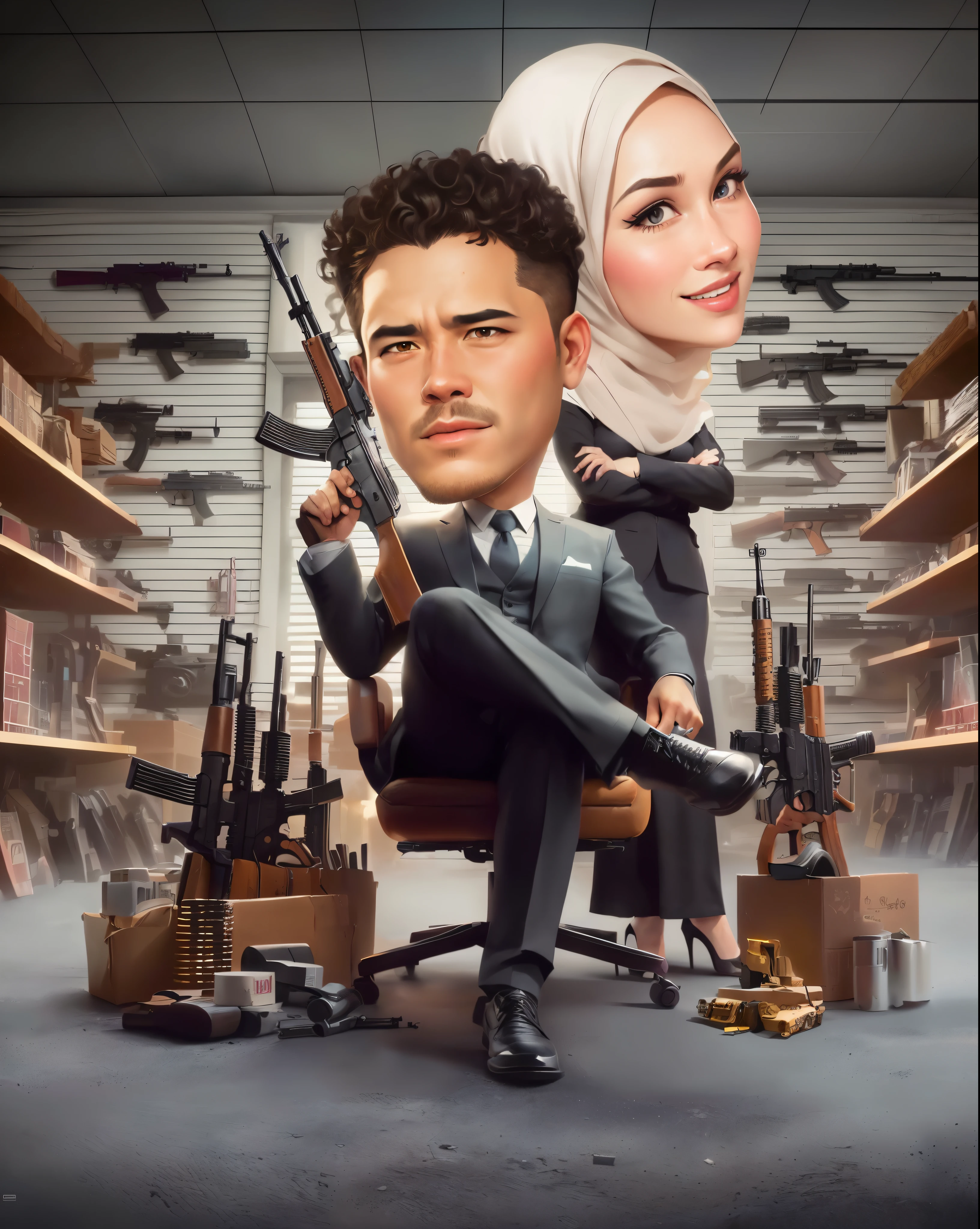 cartoon of A man with curly hair,and woman Wearing the hijab sitting in a chair with guns, by Abidin Dino, caricature illustration, in cartoon style, official illustration, inspired by Rudy Siswanto, realistic cartoon, by Eddie Mendoza, official fanart, caricature style, official poster, cartoon style illustration, armed and dangerous, by Daryush Shokof, movie artwork, caricature, armed