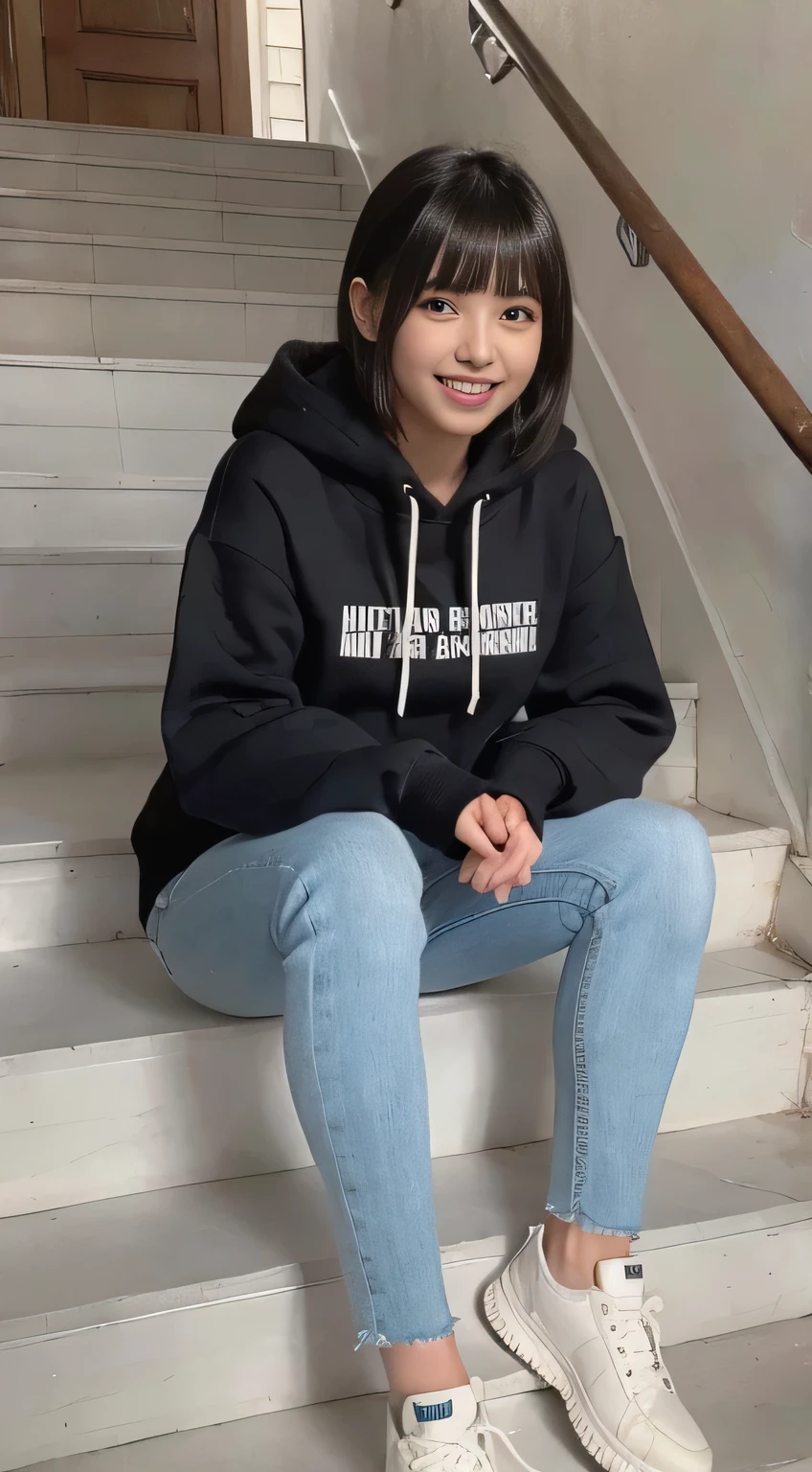 highest quality, Realistic, Very detailed, Finer details, High resolution, 8k wallpaper, One beautiful woman,Sit on the stairs、(Wear black socks)smile、(Beautiful teeth alignment、)(Gums are visible) Oversized hoodie, Skinny jeans,( Black sneakers)、Black Hair、 Beautiful Bangs、ear piercing、Perfect dynamic composition, Beautiful and detailed, Full Body Shot, A big smile