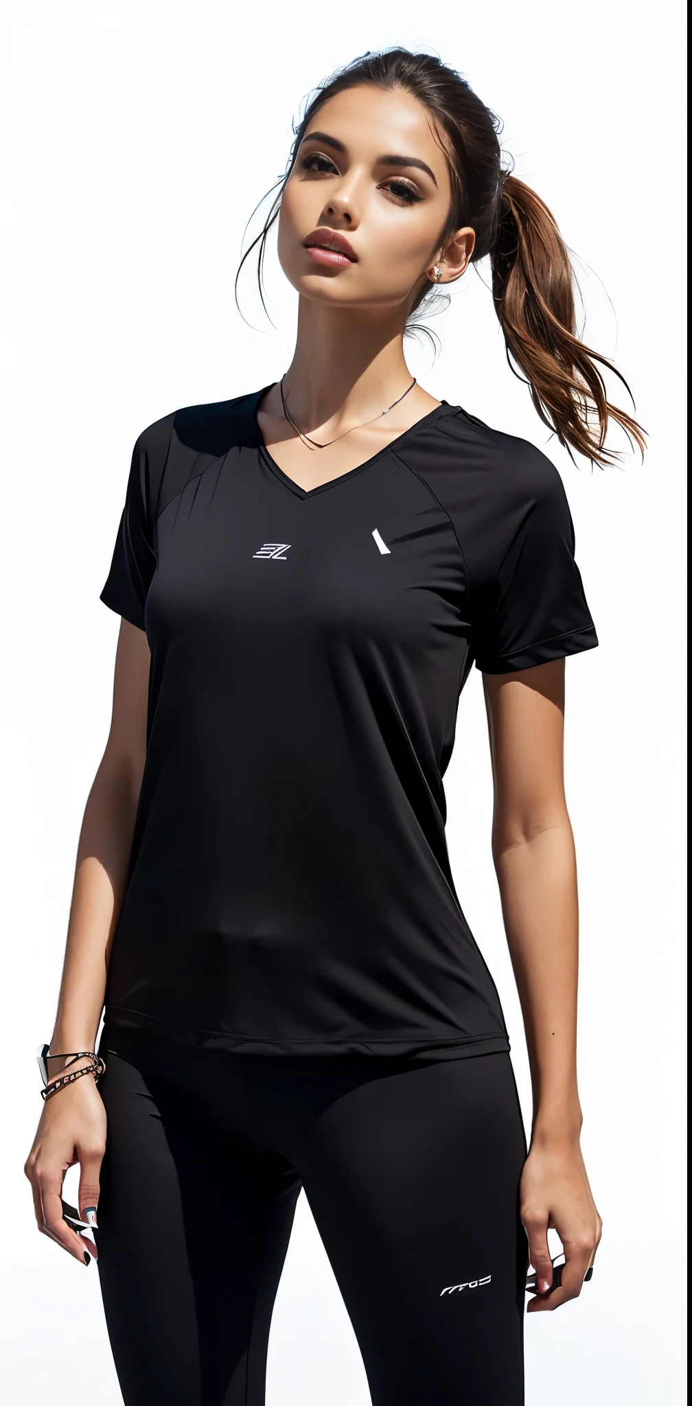 a woman in a preto shirt and preto pants posing for a picture, Manga curta, preto jersey, preto, wearing a preto t-shirt, tennis wear, wearing a volleyball shirt, preto shirt, antracite, wearing preto tshirt, wearing a preto shirt, preto t shirt, elite, wearing a preto tshirt, roupas esportivas, com dois bolsos frontais