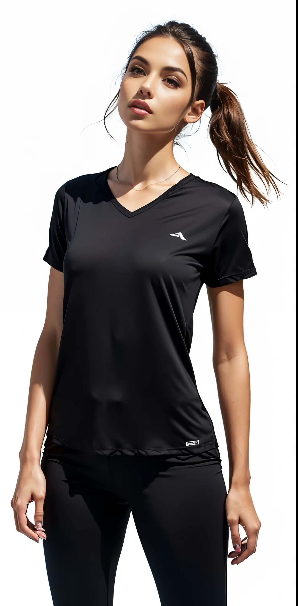 a woman in a preto shirt and preto pants posing for a picture, Manga curta, preto jersey, preto, wearing a preto t-shirt, tennis wear, wearing a volleyball shirt, preto shirt, antracite, wearing preto tshirt, wearing a preto shirt, preto t shirt, elite, wearing a preto tshirt, roupas esportivas, com dois bolsos frontais