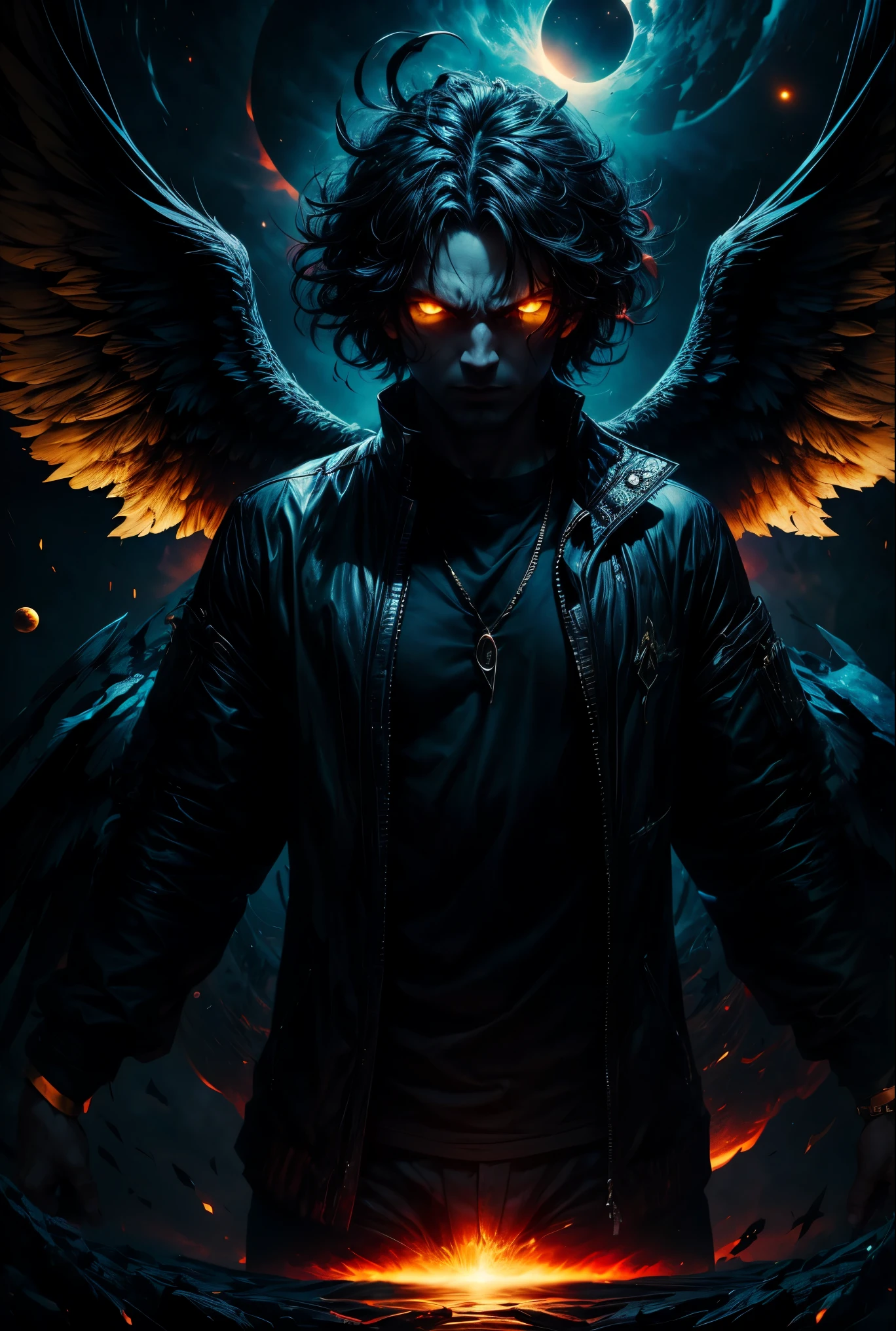 Man with messy hair, black and blue in color, wearing casual clothes, with yellow eyes, black hole aura, evil look, evil wings, angel wings
