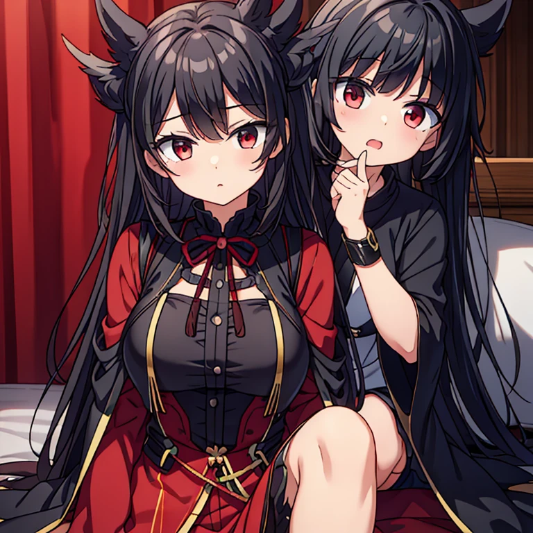 Wearing a black dress、Cute girl with black hair and red eyes