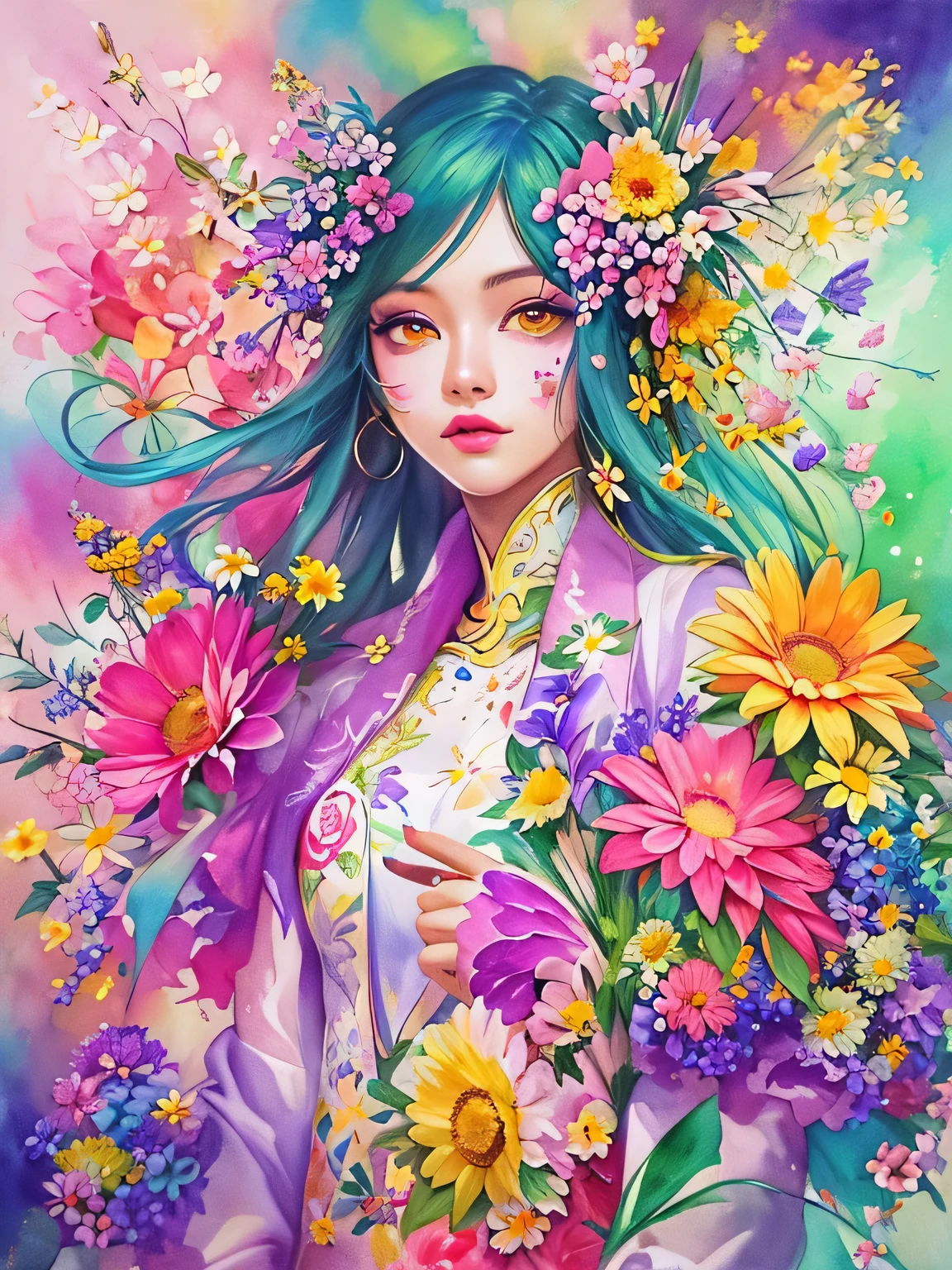 TAO Style、(((stylish fashion))), 8K Quality、Intense watercolor, Detailed watercolor art, Watercolor splash, Surreal, avant-garde pop art, Beautiful and expressive paintings, Beautiful artwork illustration, Very colorful tones, wonderful, Cool beauty, highest quality、Official Art, Vector art, Stylish design, (((The most beautiful girl))), (((highest quality))), HDR, ((detailed)), (((Doodle Art)), ((masterpiece)), ((Super detailed)), (((Colorful flowers))),(((Stylish))),