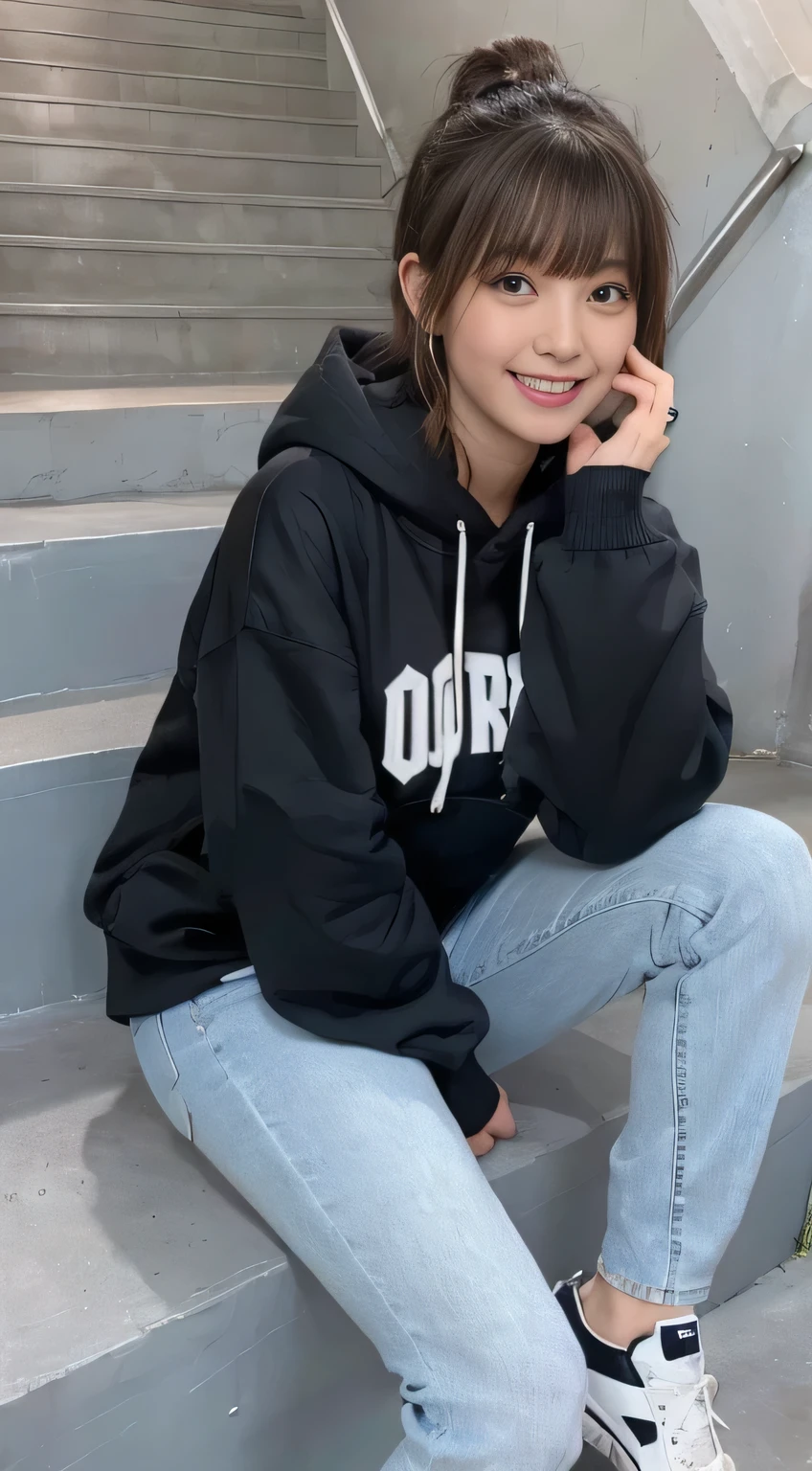 highest quality, Realistic, Very detailed, Finer details, High resolution, 8k wallpaper, One beautiful woman,Sit on the stairs、（Wear black socks）smile、（Beautiful teeth alignment、）（Gums are visible） Oversized hoodie, Skinny jeans,（ Black sneakers）、Black Hair、 Beautiful Bangs、ear piercing、Perfect dynamic composition, Beautiful and detailed, Full Body Shot, A big smile brown hair