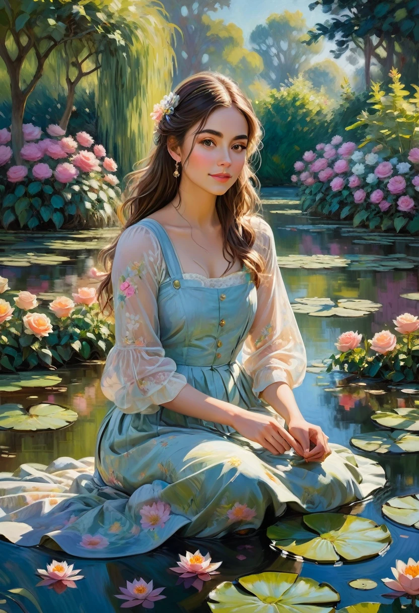 Claude Monet Style, A peaceful garden scene in the style of Claude Monet, with vibrant colors and soft brushstrokes. It features a beautiful girl sitting on a bench surrounded by blooming flowers and lush greenery. Her face, detailed and delicately painted, showcases her serene expression and sparkling eyes. The sunlight filters through the foliage, creating a dappled effect on the ground. The garden is filled with various kinds of flowers, including roses, lilies, and sunflowers, each painted with intricate details that highlight their texture and natural beauty. In the distance, a pond can be seen, reflecting the vibrant colors of the garden and the clear blue sky above. The water lilies on the pond are painted with meticulous attention to detail, capturing their delicate petals and the ripples they create on the water's surface. The overall image is of the highest quality, with ultra-detailed brushwork and sharp focus, providing a masterpiece that truly captures the essence of Claude Monet's signature style.