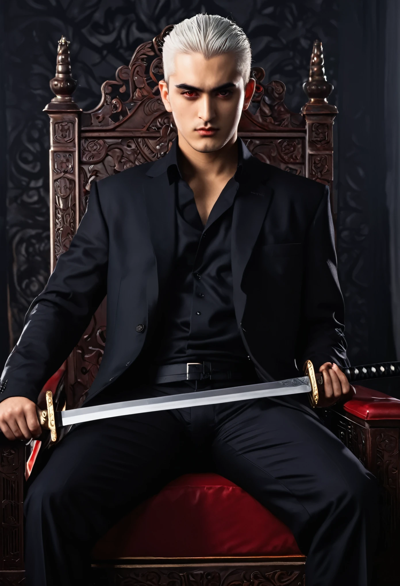 A Teenager bou have a dark brown hair and red eyes sitting on a throne a boss mafia and a standing besides him his consigliere a white hair had a katana on his back like a body guard a serious face had scars on his cheek