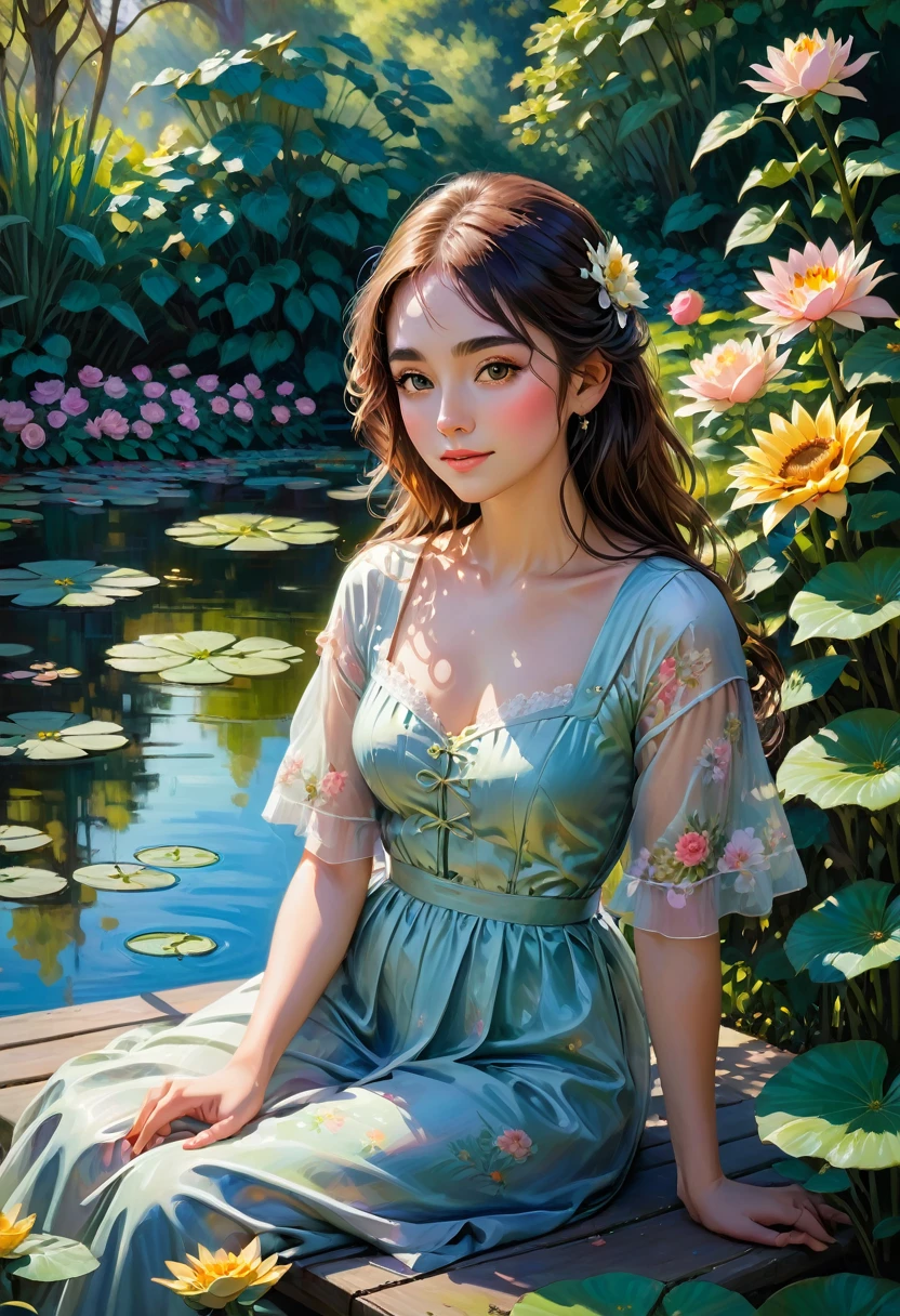 Claude Monet Style, A peaceful garden scene in the style of Claude Monet, with vibrant colors and soft brushstrokes. It features a beautiful girl sitting on a bench surrounded by blooming flowers and lush greenery. Her face, detailed and delicately painted, showcases her serene expression and sparkling eyes. The sunlight filters through the foliage, creating a dappled effect on the ground. The garden is filled with various kinds of flowers, including roses, lilies, and sunflowers, each painted with intricate details that highlight their texture and natural beauty. In the distance, a pond can be seen, reflecting the vibrant colors of the garden and the clear blue sky above. The water lilies on the pond are painted with meticulous attention to detail, capturing their delicate petals and the ripples they create on the water's surface. The overall image is of the highest quality, with ultra-detailed brushwork and sharp focus, providing a masterpiece that truly captures the essence of Claude Monet's signature style.