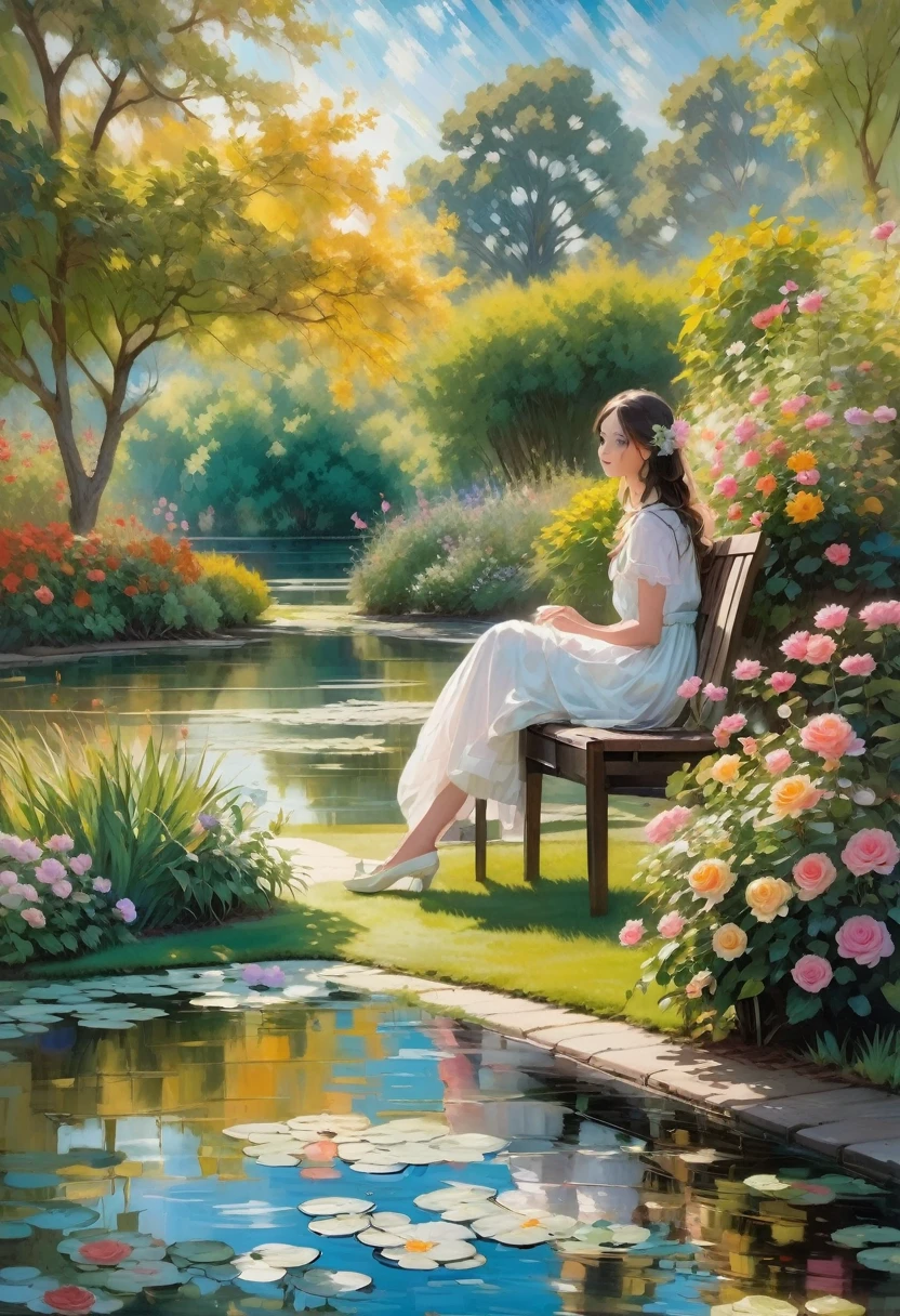 Claude Monet Style, A peaceful garden scene in the style of Claude Monet, with vibrant colors and soft brushstrokes. It features a beautiful girl sitting on a bench surrounded by blooming flowers and lush greenery. Her face, detailed and delicately painted, showcases her serene expression and sparkling eyes. The sunlight filters through the foliage, creating a dappled effect on the ground. The garden is filled with various kinds of flowers, including roses, lilies, and sunflowers, each painted with intricate details that highlight their texture and natural beauty. In the distance, a pond can be seen, reflecting the vibrant colors of the garden and the clear blue sky above. The water lilies on the pond are painted with meticulous attention to detail, capturing their delicate petals and the ripples they create on the water's surface. The overall image is of the highest quality, with ultra-detailed brushwork and sharp focus, providing a masterpiece that truly captures the essence of Claude Monet's signature style.
