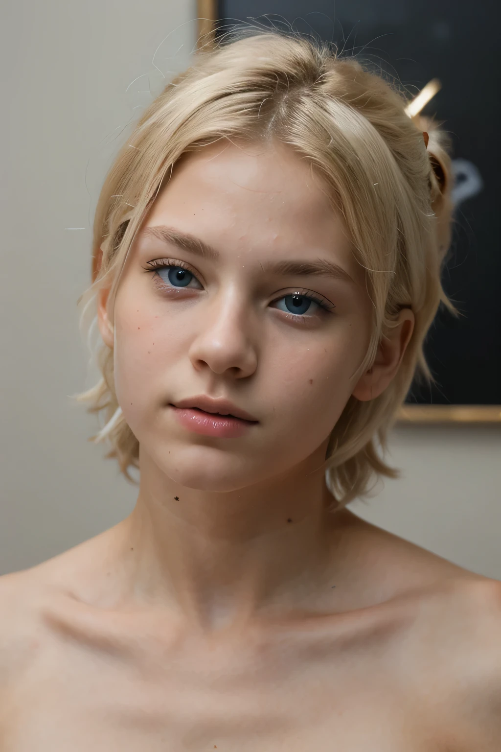 ((best quality)), ((masterpiece)), (detailed), perfect face, a 13-year-old boy with yellow-white hair measuring 50 cm and blue eyes without clothes