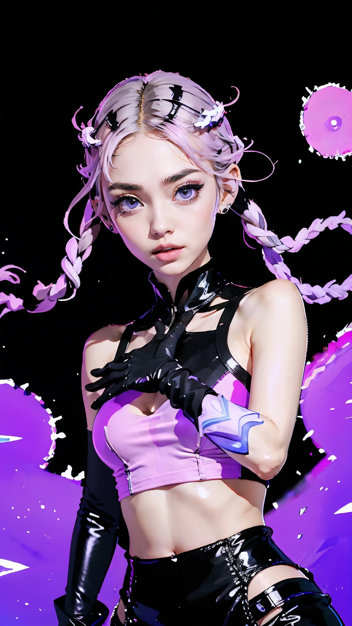 ,Best Quality, Ultra High Resolution, Cute, (KPOP Idol), (Long Twintail), (Light Purple Hair:1), ((Big Eyes)), Looking at you, BREAK ((upper body:1.3)), Front View,A character with long, flowing silver hair and a slender build, wearing a black and white outfit that includes thigh-high boots and gloves. The character is in a dynamic pose surrounded by ethereal purple crystals and energy, The character is in a dynamic pose surrounded by ethereal purple crystals and energy,A character with long, flowing purple hair, wearing a metallic top and black shorts with thigh-high boots. The outfit includes straps and belts, giving it a futuristic or fantasy style. The character is in a dynamic pose with radiant light or energy surrounding them, set against a minimalistic abstract background,
