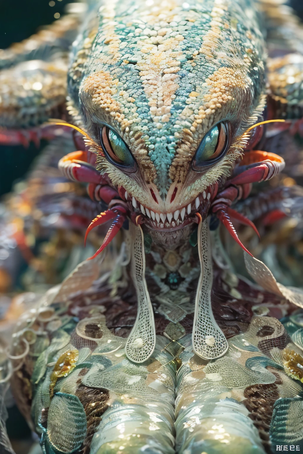 masterpiece、highest quality、Ultra-Realistic Rendering、蟹のような女性のalien、Fusion with Crab、蟹型alien、alien、Extremely intricate details、Wet texture、The bottom of the sea where light shines、