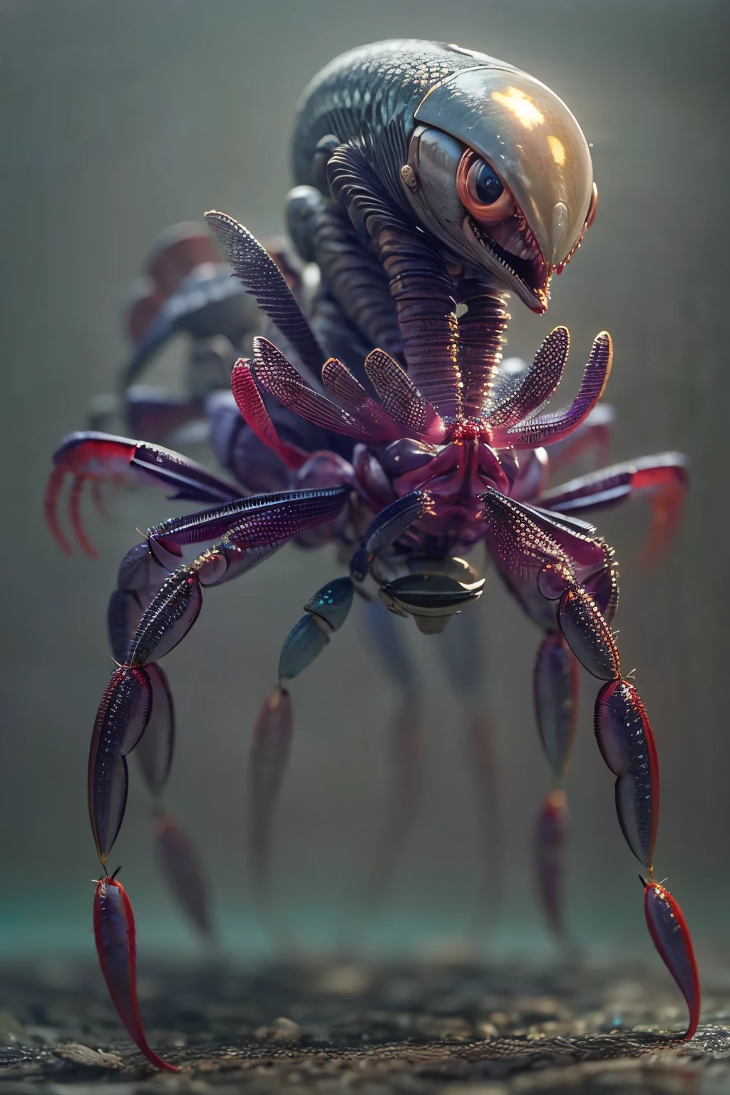 masterpiece、highest quality、Ultra-Realistic Rendering、蟹のような女性のalien、Fusion with Crab、蟹型alien、alien、Extremely intricate details、Wet texture、The bottom of the sea where light shines、