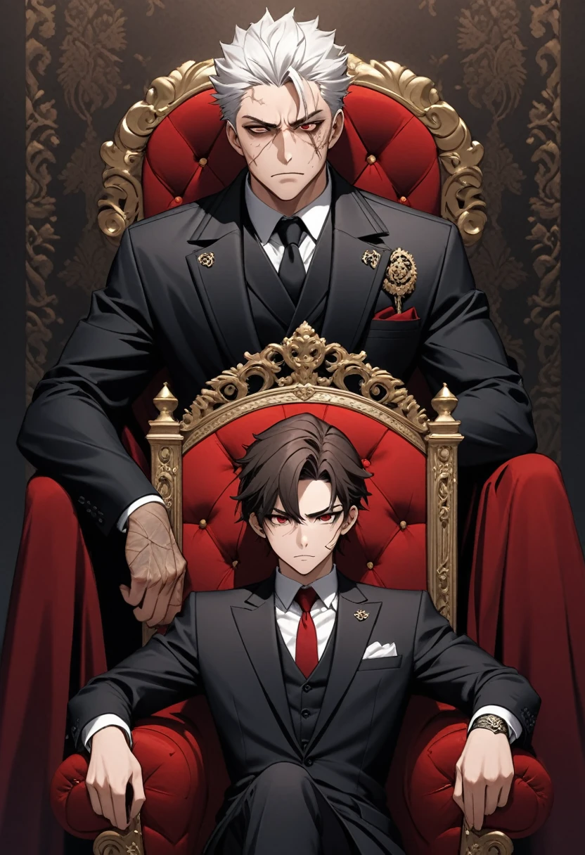 A Teenager bou have a dark brown hair and red eyes sitting on a throne a boss mafia and a standing besides afriend teenager also that was his consigliere a white hair had a katana on his back like a body guard a serious face had scars on his cheek and the background is like on a mansion