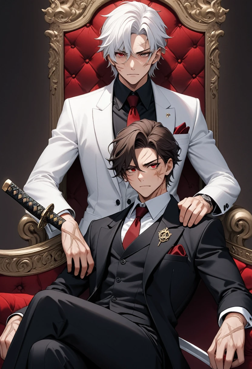 A ager bou have a dark brown hair and red eyes sitting on a throne a boss mafia and a standing besides afriend teen also that was his consigliere a white hair had a katana on his back like a body guard a serious face had scars on his cheek and the background is like on a mansion