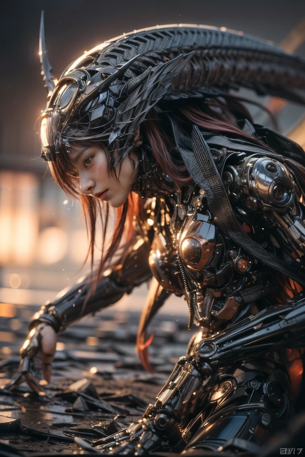 (top-quality:1.2, masterpiece)、ultra high resolution、extremely ultra surrealism, (Photorealsitic:1.4)、Raw photo、(Steampunk Battle Cyborg fallen angel)、(large mechanical bat wings)、black porcelain body、red hair、glowy skin、1 Cyborg girl、(mechanical frame:1.3)japanese, extremely cute face, ((super realistic details))、portrait、globalillumination、Shadow、octan render、8K、ultrasharp、character edge light、Details of complex ornaments、Acrylic Clear Cover、Sumerian details、Hydraulic cylinder、Small LED lamp、highly intricate detail、Realistic light、a purple eye、radiant eyes、Facing the camera、neon details、cowboy shot、Futuristic headgear、About Cyberpunk