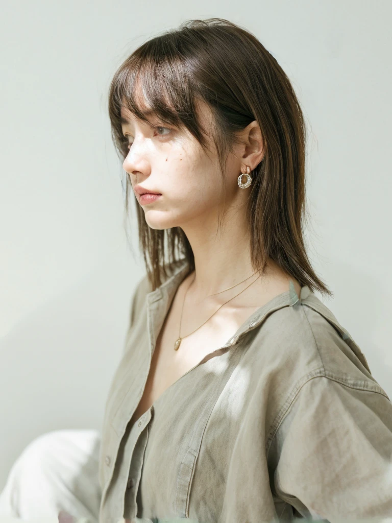 highest quality:1.3、masterpiece、High resolution、［1 girl］、｛alone｝、RAW Photos、Real person、Photo of an attractive woman with loosely tied brown hair, Posing in the room, boredom, mascara, ,(Rough skin, Skin pores:1.1), (Mole:0.8), (Imperfect skin:1.1) Intricate details, It gives me goosebumps, Perfect Face, (freckles:0.9), ((Photorealistic):1.1), (immature, 8k:1.2), cloudy, Calm colors,、Fine skin、Japanese、Thin bangs、Beaver、whole body、Denim Jacket、White t-shirt underneath、Capture the light、Earrings、necklace、White wall、Upper Body、((profile))、landscape、Don&#39;t look at the camera