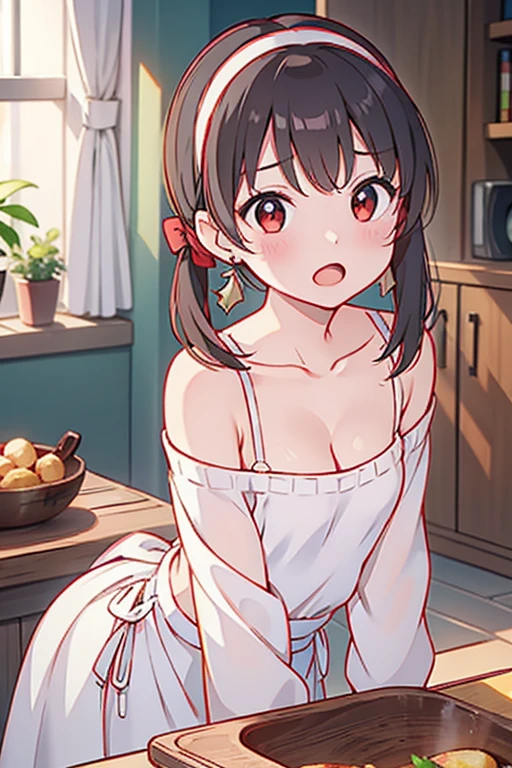 masterpiece, yor, 1girl, Bust A Cup, Amazing Cleavage:1.0, thin waist, big ass, Raised sexy, small breast: 1.2 posed cleavage:1.2、solo, looking at viewer, open mouth, have a cute grass of cute beergrass,black hair, red eyes, dress, bare shoulders, jewelry, collarbone, sidelocks, hairband, earrings, indoors, off shoulder, :o, sweater, arms behind back, plant, short hair with long locks, white hairband, off-shoulder dress, sweater dress, off-shoulder sweater, red sweater, big side hair, very long side hair,is rendered in (masterpiece: 1.2, best quality), with (ultra high resolution) and an exquisite (depth of field). This masterpiece is not only visually stunning but also tells,A scene of cooking in the kitchen