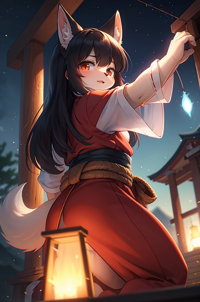 Bokeh , (blur:1.5) , dynamic angle , 1 hairy inari girl , Short stature , realistic hairy fur , Straight black Long Hair , Round face, swollen cheeks,round eyes , neat hair ties , Japanese Shrine Maiden Clothing , (dynamic Kagura dance action) , in the Inari Shrine , A shrine for inviting gods and tools necessary for exorcism , (Fly around Will-o'-the-wisp) , midnight , in front fox