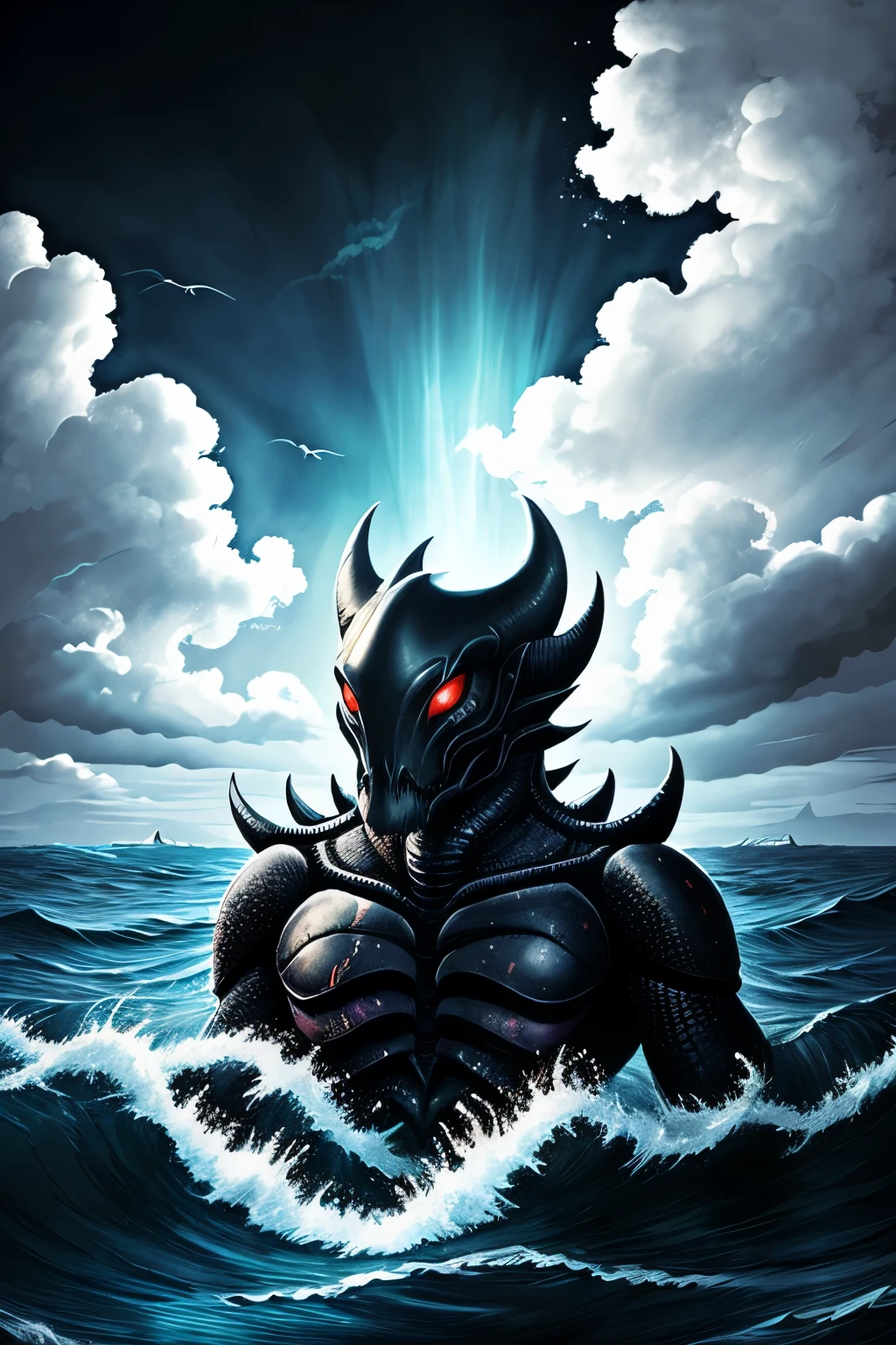 aquatic monster, humanoid, biped, scails, black scails, black skin, black monster, red eyes, white bones face, cloud sky, masterpiece detailed, deep one, lovecraft
